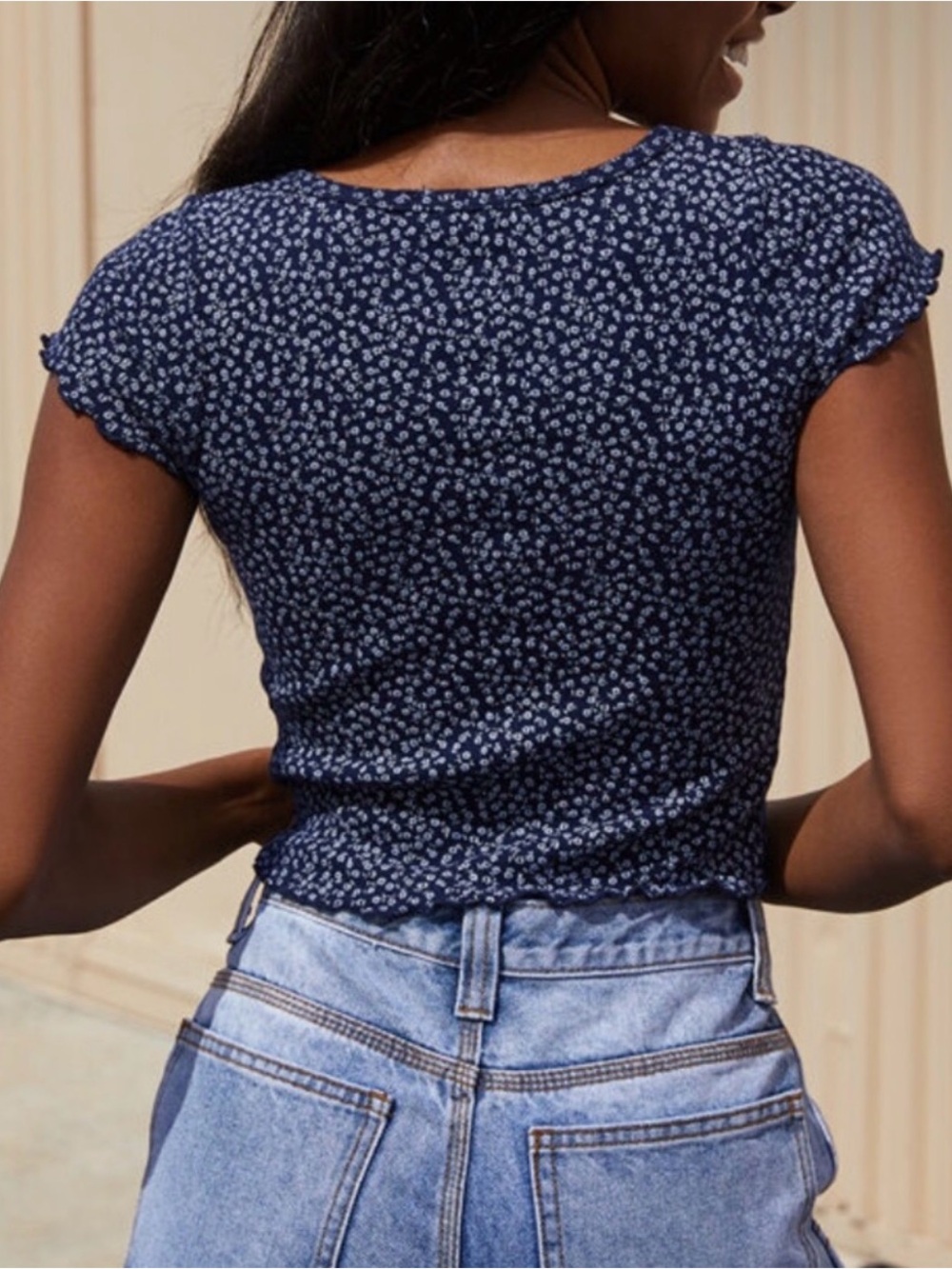 Brandy Melville Floral Button-Front Navy Crop Top - Picture 2 of 4